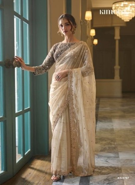 Cream Colour Iconic Vol 5 By Kimora Fancy Fabric Designer Beads Work Saree Ks 5787